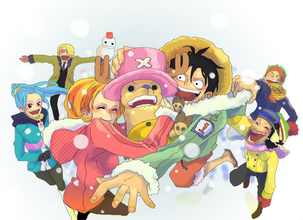 2girls 4boys black_hair blonde_hair blue_hair earmuffs fur_trim green_hair hat heart himerinco jacket monkey_d._luffy multiple_boys multiple_girls nami_(one_piece) nefertari_vivi one_piece orange_hair pixiv_sample ponytail reindeer resized roronoa_zoro sanji_(one_piece) scarf smile snow snowman straw_hat tony_tony_chopper usopp x_(symbol)