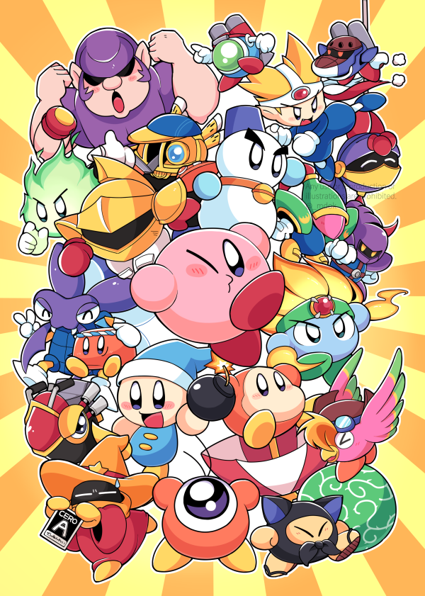 :o ^_^ armor arms_up artist_name aviator_cap baseball_cap bell bio_spark birdon_(kirby) blade_knight blonde_hair blue_eyes blue_headwear blush blush_stickers bomb bonkers brown_headwear bugzzy burning_leo capsule_j capsule_j2 chilly_(kirby) closed_eyes closed_mouth commentary_request explosive fangs fire gim_(kirby) gloves goggles goggles_on_head green_eyes green_fire hand_up handlebar hat headband helmet holding holding_bomb holding_sack jetpack jingle_bell kicking kirby kirby_(series) knuckle_joe long_sleeves looking_at_viewer midooka_(o_k_k) neck_bell nintendo no_humans o3o one-eyed one_eye_closed open_mouth orange_background orange_headwear parasol pauldrons plasma_wisp pointing poppy_bros_jr red_gloves red_robe robe robot rocky_(kirby) sack shoulder_armor simirror simple_background sir_kibble smile snowman star_(symbol) sunburst sunburst_background sweatdrop sword_knight tac_(kirby) twitter_username umbrella v v-shaped_eyebrows waddle_dee waddle_doo watermark wheelie_(kirby) white_gloves wizard_hat yellow_background yo-yo