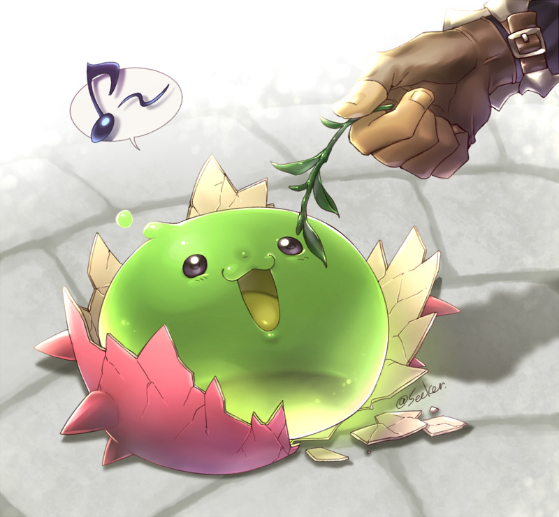 1boy :3 animal_focus blacksmith_(ragnarok_online) brown_gloves commentary_request feeding fingerless_gloves gloves hatching herb musical_note out_of_frame poporing ragnarok_online rouko605 signature slime_(creature) spoken_musical_note