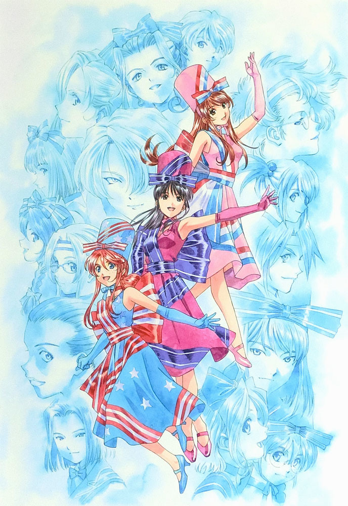 1other 6+girls american_flag american_flag_print androgynous back_bow bad_link black_hair blue_background blue_dress blue_eyes blue_footwear blue_gloves bow bowtie braid brown_eyes brown_hair child closed_mouth collar coquelicot_(sakura_taisen) diana_caprice dress elbow_gloves erica_fontaine everyone flag_print forehead french_flag french_flag_print from_side full_body gemini_sunrise glasses gloves glycine_bleumer hair_bobbles hair_bow hair_ornament hair_over_one_eye hair_ribbon half_updo hat hat_ribbon head_only headband high_heels iris_chateaubriand kanzaki_sumire kirishima_kanna kitaooji_hanabi kujou_subaru light_smile lobelia_carlini long_hair looking_at_viewer maria_tachibana matsubara_hidenori multiple_girls neck_ribbon nose official_art open_mouth parted_bangs parted_lips pink_dress pink_gloves pink_shoes projected_inset purple_dress purple_footwear purple_gloves red_hair reni_milchstrasse ri_kouran ribbon rikaritta_aries sagitta_weinberg sakura_taisen sakura_taisen_ii sakura_taisen_iii sakura_taisen_v sega shinguuji_sakura shoes short_hair sidelocks smile soletta_orihime star_(symbol) straight_hair striped_bow striped_clothes striped_headwear third-party_source traditional_media