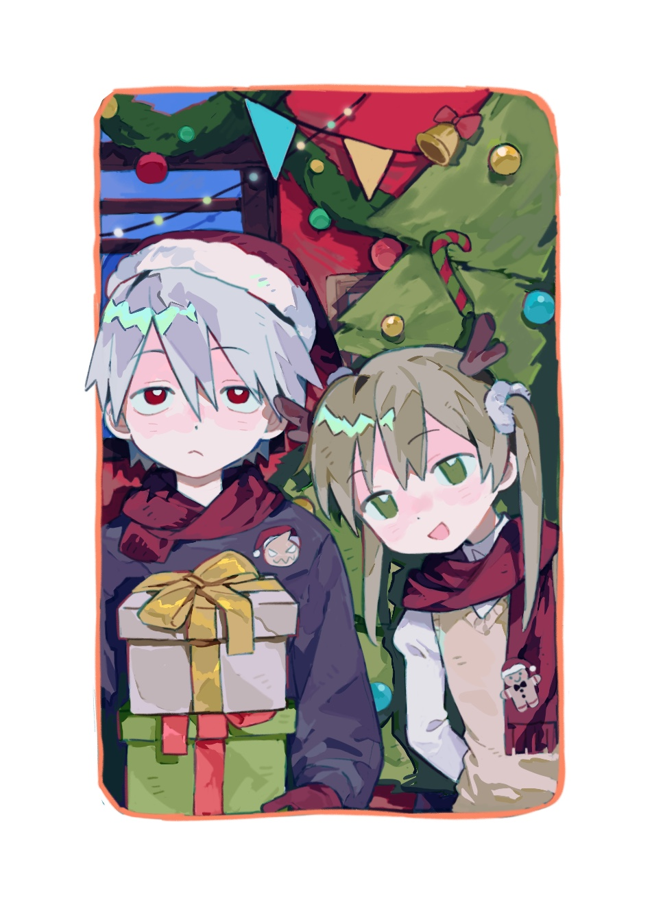 1boy 1girl antlers black_shirt blonde_hair border bright_pupils brown_sweater_vest christmas christmas_present christmas_tree christmas_tree_ornament closed_mouth collared_shirt commentary deer_antlers frown gift green_eyes grey_hair hair_between_eyes hair_ornament hair_scrunchie hat highres holding holding_gift horns indoors long_hair maka_albarn open_mouth red_eyes red_scarf rice_(somasuki_77) sanpaku santa_hat scarf scrunchie shirt short_hair smile soul_eater soul_evans sweater_vest symbol-only_commentary twintails white_border white_pupils white_scrunchie white_shirt