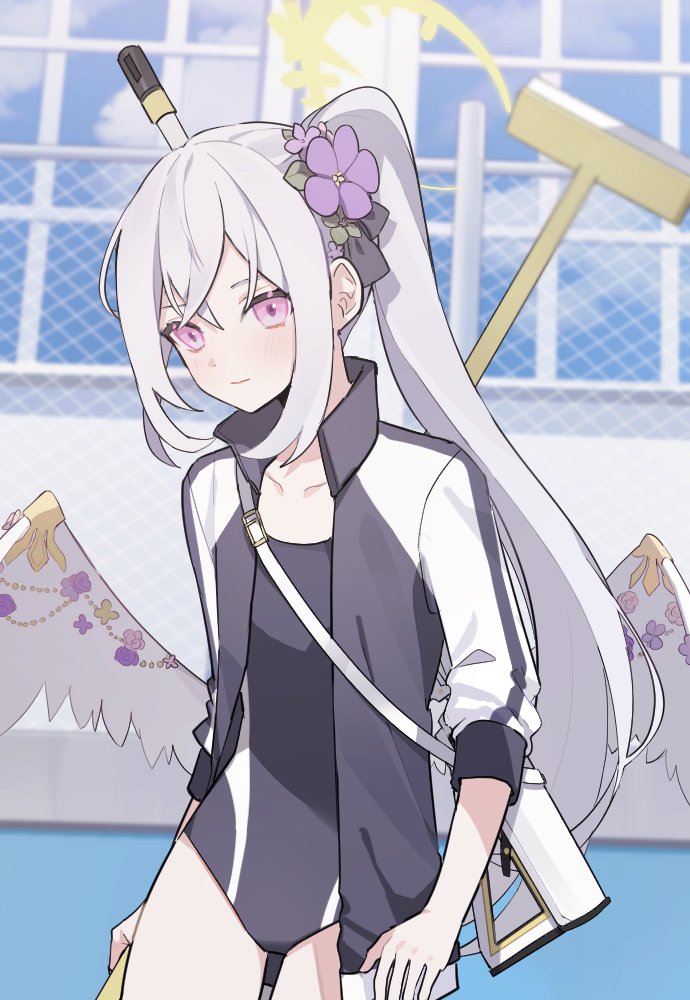 1girl azusa_(blue_archive) black_one-piece_swimsuit black_ribbon blue_archive cjsdh1000 competition_swimsuit flower flying_wing grey_hair gun hair_flower hair_ornament hair_ribbon jacket long_hair mop one-piece_swimsuit open_clothes open_jacket pink_eyes ponytail purple_flower ribbon sidelocks solo swimsuit very_long_hair weapon weapon_on_back white_wings wing_ornament wings