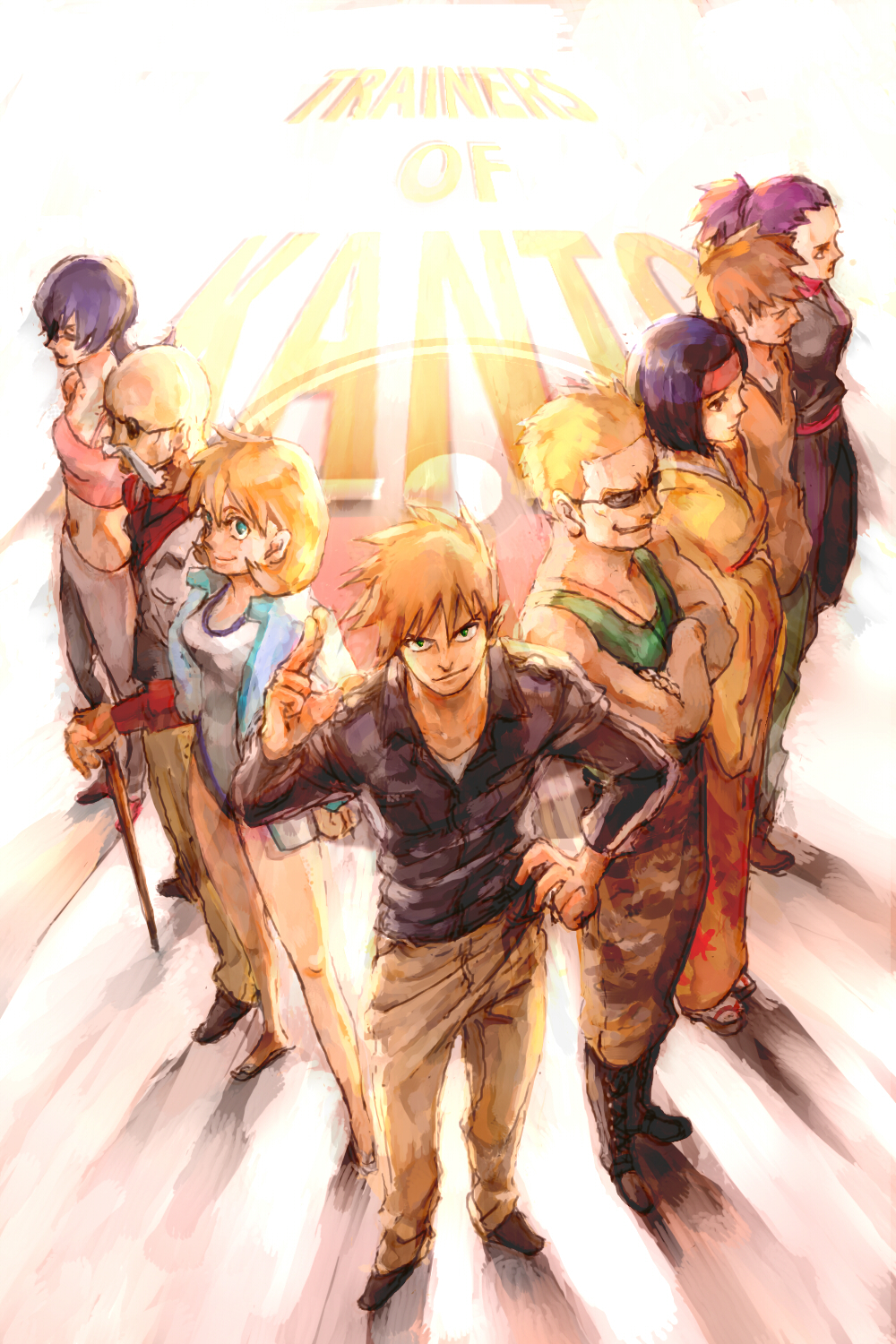 00s 4boys 4girls blaine_(pokemon) blue_oak blue_oak_(pokemon_hgss) brock_(pokemon) english_text erika_(pokemon) everyone gym_leader highres janine_(pokemon) looking_at_viewer misty_(pokemon) multiple_boys multiple_girls nintendo pokemon pokemon_hgss sabrina_(pokemon) shadow sunglasses surge_(pokemon) tom5