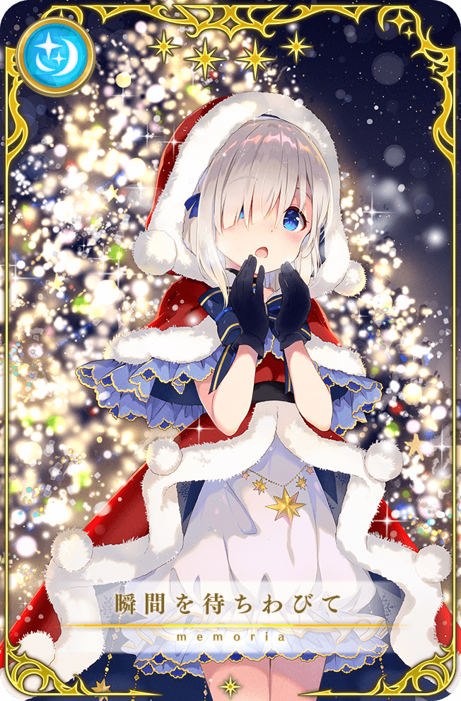 1girl black_gloves blue_bow blue_bowtie blue_eyes blunt_bangs bow bowtie capelet card_(medium) christmas christmas_tree cowboy_shot dot_nose dress frilled_capelet frilled_dress frills fur-trimmed_capelet fur-trimmed_dress fur-trimmed_hood fur_trim game_cg gloves grey_hair hair_bow hair_over_one_eye hands_on_own_face hood hood_up hooded_capelet isuzu_ren isuzu_ren_(christmas_ver.) layered_dress light_blush light_particles long_dress looking_at_viewer magia_record:_mahou_shoujo_madoka_magica_gaiden mahou_shoujo_madoka_magica night night_sky official_alternate_costume official_art open_clothes open_dress open_mouth outdoors picture_frame pom_pom_(clothes) red_capelet red_dress sakura_koharu short_dress short_hair sky snowing solo sparkle standing star_(symbol) translated two-sided_dress two-sided_fabric white_dress