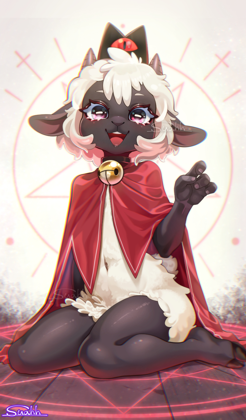 1girl :3 animal_ears animal_feet animal_nose arm_at_side artist_name barefoot bell black_crown black_skin body_fur bright_pupils brown_horns chromatic_aberration cloak colored_skin crown cult_of_the_lamb female_focus fewer_digits flat_chest full_body furry furry_female hand_up happy hooves horizontal_pupils horns jingle_bell legs looking_at_viewer magic_circle navel neck_bell on_floor open_mouth purple_eyes red_cloak red_crown_(cult_of_the_lamb) sheep_ears sheep_girl sheep_horns sheep_tail shiny_skin short_hair short_tail sidelocks signature sitting smile solo suahh tail teeth the_lamb_(cult_of_the_lamb) wariza white_background white_fur white_hair white_pupils wooden_floor