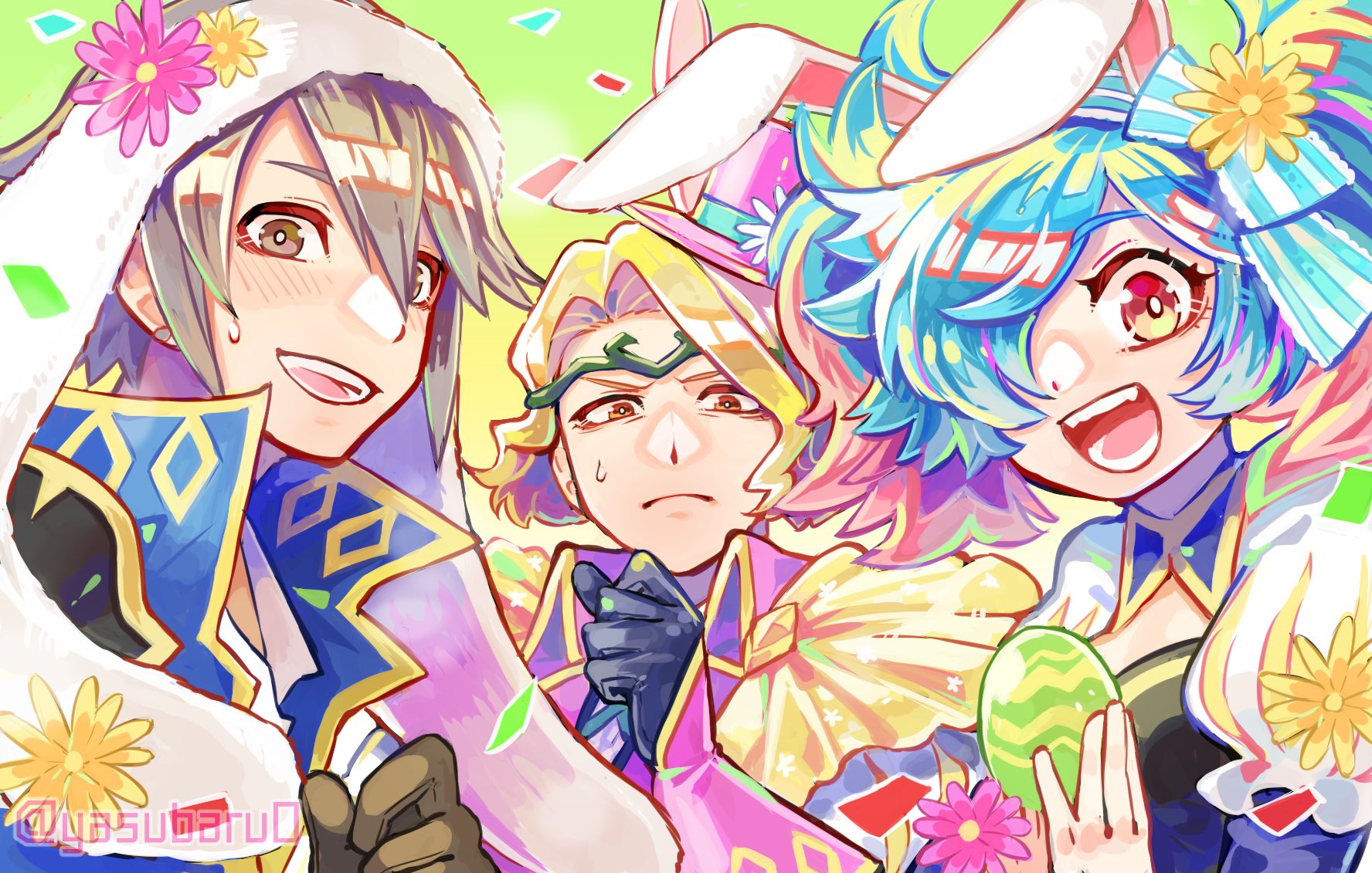 1girl 2boys animal_ears blonde_hair blue_hair fire_emblem fire_emblem_fates fire_emblem_heroes flower gloves grey_eyes grey_hair hat highres laslow_(fire_emblem) looking_at_viewer multicolored_hair multiple_boys nintendo official_alternate_costume open_mouth peri_(fire_emblem) pink_hair rabbit_ears red_eyes top_hat two-tone_hair xander_(fire_emblem) xander_(spring_prince)_(fire_emblem) yasubaru yellow_eyes