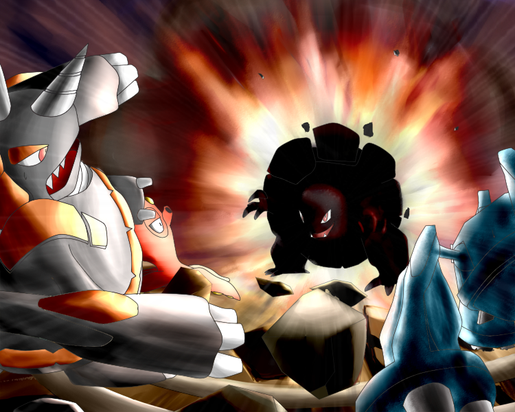 artist_request claws explosion explosion_(pokemon) gen_2_pokemon gen_3_pokemon gen_4_pokemon golem looking_at_another metagross nintendo octillery pokemon pokemon_(creature) rhyperior shaded_face tentacles violence