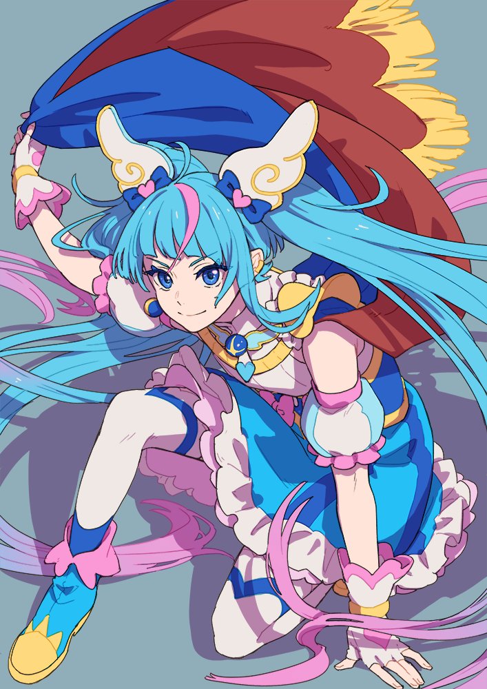 1girl ahoge ankle_boots aqua_eyes asymmetrical_clothes blue_boots blue_cape blue_dress blue_hair blunt_bangs boots bow cape cure_sky cut_bangs detached_sleeves dress fingerless_gloves full_body gloves gradient_hair hair_bow hair_ornament hand_on_floor hirogaru_sky!_precure holding holding_unworn_cape holding_unworn_clothes isshoku_(shiki) jewelry long_hair magical_girl miniskirt multicolored_hair pink_hair precure puffy_detached_sleeves puffy_sleeves shadow skirt smile sora_harewataru streaked_hair twintails two-sided_cape two-sided_fabric two-tone_hair unworn_cape very_long_hair wing_hair_ornament