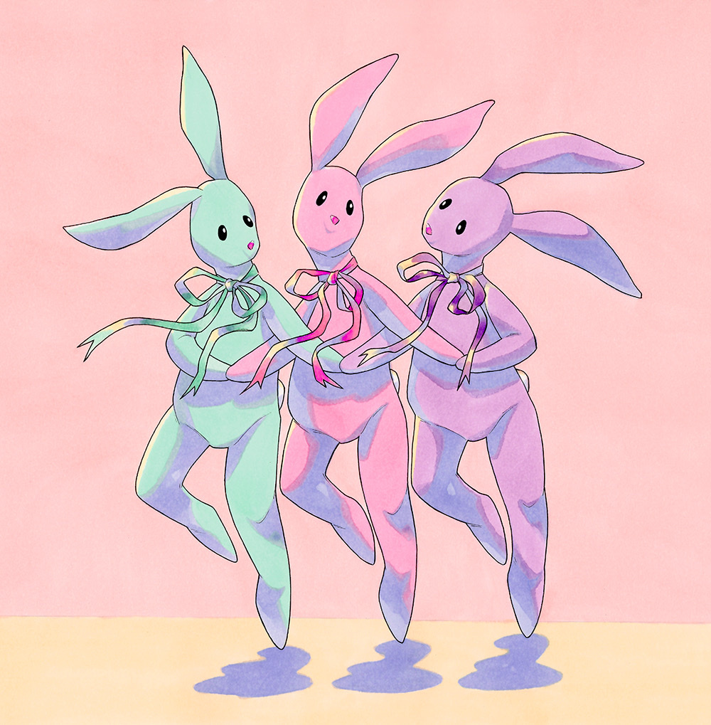 animal animal_focus beanie_babies black_eyes bow bowtie commentary creature dancing ears_up english_commentary eye_contact fleebites foot_up full_body green_bow green_bowtie green_fur green_ribbon holding_hands looking_at_another looking_at_viewer neck_ribbon no_humans no_mouth original pastel_colors pink_background pink_bow pink_bowtie pink_fur pink_ribbon purple_bow purple_bowtie purple_fur purple_ribbon rabbit ribbon shadow simple_background solid_eyes solid_oval_eyes standing standing_on_one_leg stuffed_animal stuffed_toy traditional_media yellow_background