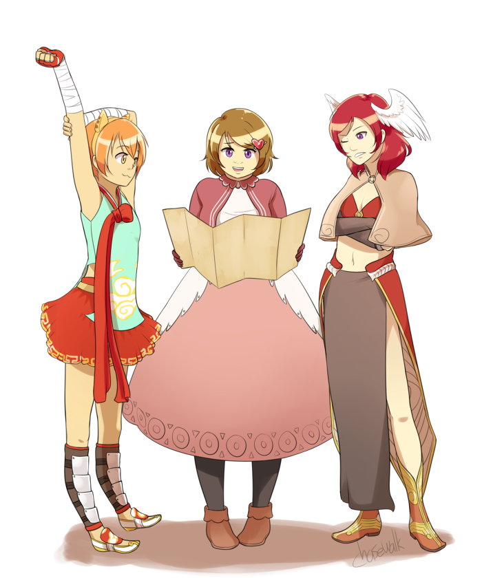 3girls :3 animal_ears arm_wrap armpits arms_up bikini bikini_top_only black_pantyhose blue_shirt breasts brown_capelet brown_gloves brown_hair brown_shoes capelet cat_ears chasewalk closed_mouth commentary english_commentary fake_animal_ears feathered_wings fingerless_gloves flat_chest full_body gloves hair_ornament head_wings heart heart_hair_ornament hip_vent holding holding_map hoshizora_rin jacket koizumi_hanayo long_sleeves looking_at_another love_live! love_live!_school_idol_project mage_(ragnarok_online) map merchant_(ragnarok_online) midriff multiple_girls navel nishikino_maki open_mouth orange_hair pantyhose pelvic_curtain pink_jacket pink_skirt purple_eyes ragnarok_online red_bikini red_gloves red_hair red_skirt sandals shin_guards shirt shoes short_hair showgirl_skirt simple_background skirt sleeveless sleeveless_shirt small_breasts smile swept_bangs swimsuit taekwon_(ragnarok_online) white_background white_sandals white_shirt white_wings wings yellow_eyes