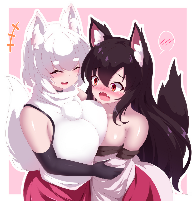 +++ 2girls animal_ear_fluff animal_ears blush breast_press breasts brown_hair closed_eyes commentary_request cowboy_shot fang imaizumi_kagerou inubashiri_momiji large_breasts long_hair long_sleeves looking_at_another multiple_girls nose_blush off-shoulder_shirt off_shoulder open_mouth pink_background pom_pom_(clothes) red_eyes red_skirt shirt short_hair sivamaron skirt sleeveless sleeveless_shirt smile spoken_blush symmetrical_docking tail touhou turtleneck turtleneck_shirt two-tone_background white_hair white_shirt wolf_ears wolf_girl wolf_tail