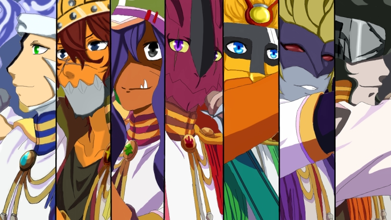 apollomon armor big_death-stars black_hair death_generals digimon digimon_(creature) dorbickmon dragon_boy fang gravimon hat mask neovamdemon olegmon smile splashmon zamielmon