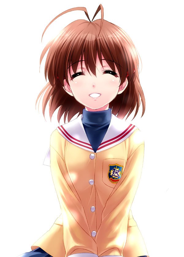 1girl antenna_hair brown_hair clannad closed_eyes female_focus furukawa_nagisa hikarizaka_private_high_school_uniform parted_lips sailor_collar school_uniform simple_background solo upper_body white_background white_sailor_collar zen