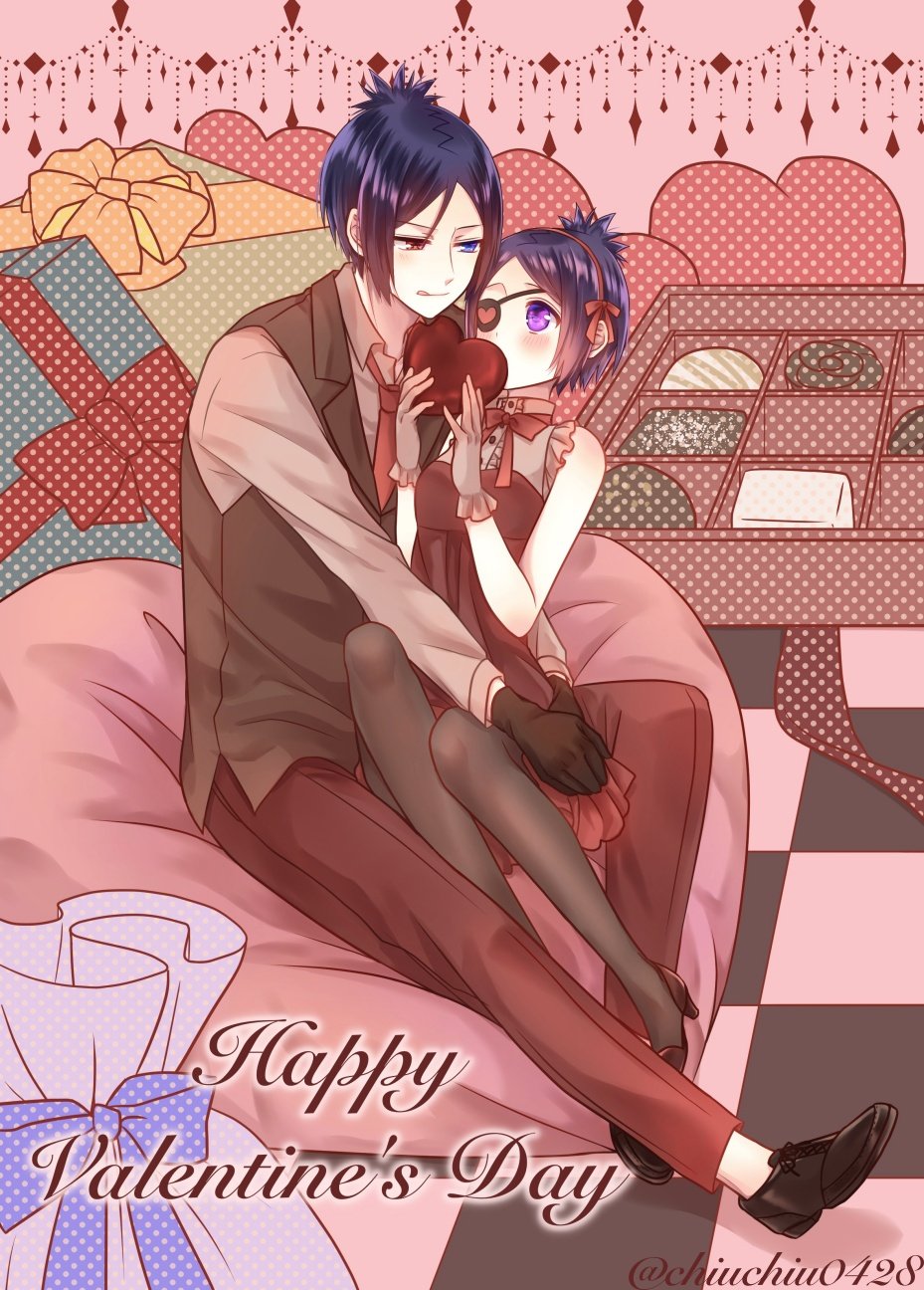 1boy 1girl black_gloves black_pantyhose blue_eyes blue_hair blush box chocolate chrome_dokuro closed_mouth dress eyepatch full_body gift gloves happy_valentine heart highres hihibi katekyo_hitman_reborn! pantyhose purple_eyes purple_hair rokudou_mukuro short_hair skirt smile valentine