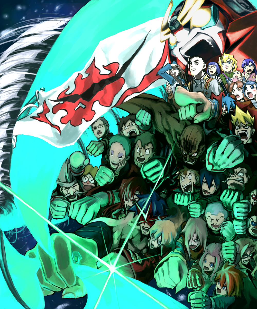 00s 6+boys 6+girls ailac_coega attenborough_cortitch bad_id bad_pixiv_id barinbo boota_(ttgl) clenched_hand clenched_hands cybela_kuto darry_adai dayakka everyone flag gimmy_adai guinble highres jogan kamina_(ttgl) kidd_coega kinon_bachika kittan_bachika kiyal_bachika kiyoh_bachika leeron_littner leite_jokin lordgenome makken multiple_boys multiple_girls nia_teppelin notequal oversized_limbs rossiu_adai simon_(ttgl) tengen_toppa_gurren_lagann tetsukan viral_(ttgl) yoko_littner zoushi_kanai