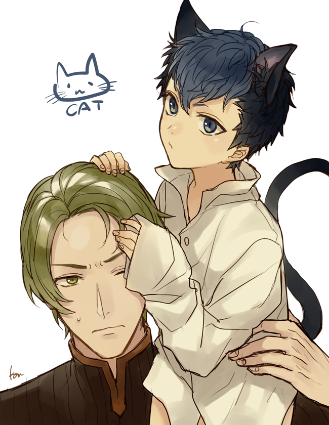 2boys akke animal_ears artist_name black_hair blue_eyes blue_hair cat_boy cat_ears cat_tail fire_emblem fire_emblem_echoes:_shadows_of_valentia forsyth_(fire_emblem) green_eyes green_hair male_focus multicolored_hair multiple_boys nintendo one_eye_closed python_(fire_emblem) simple_background tail two-tone_hair upper_body white_background yaoi aged_down
