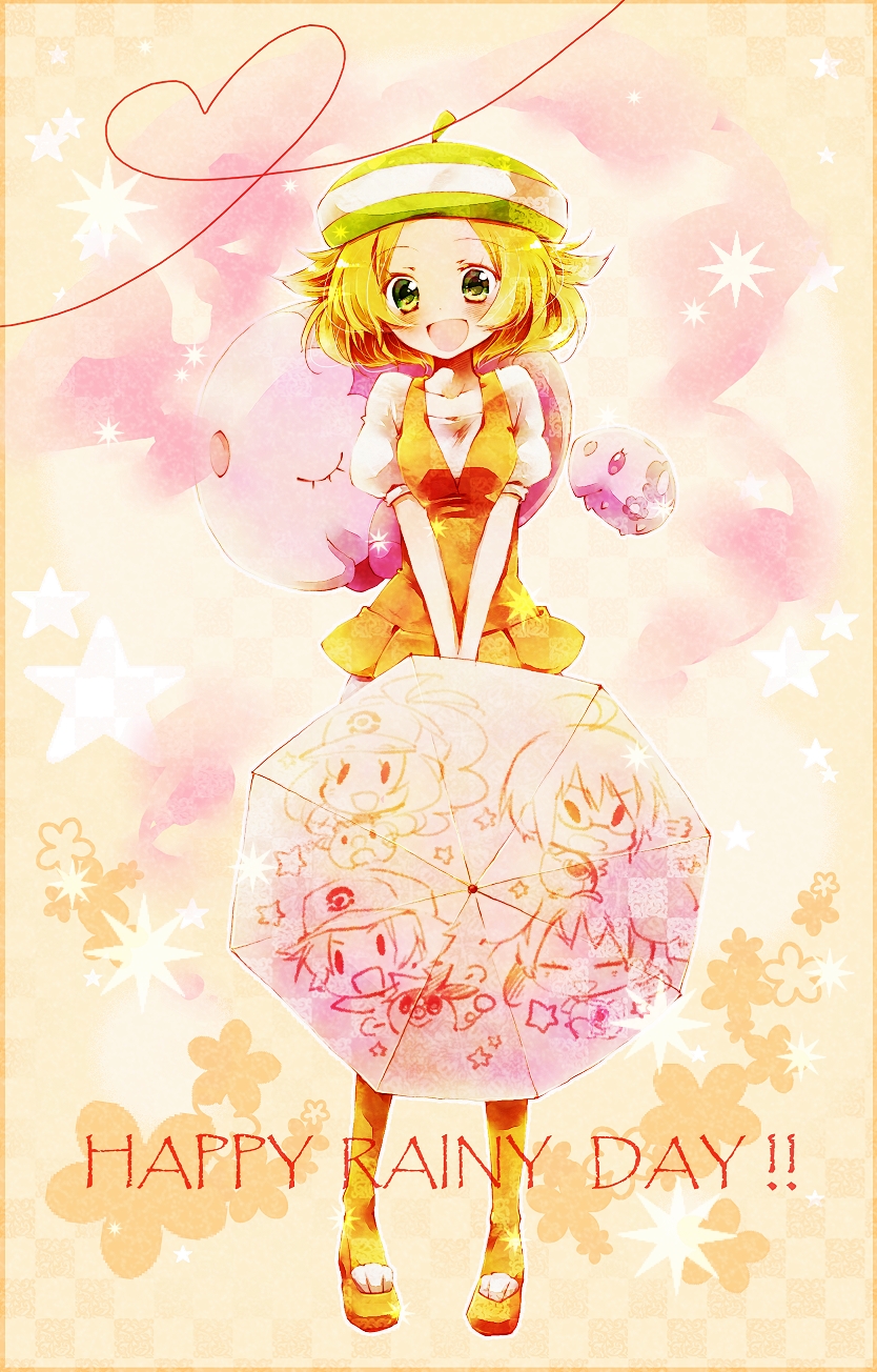 10s 1girl amamiya_kabosu beret bianca_(pokemon) blonde_hair cheren_(pokemon) english_text evolutionary_line gen_5_pokemon glasses green_eyes hat heart heart_of_string highres hilbert_(pokemon) hilda_(pokemon) iris_(pokemon) laughing munna musharna nintendo orange_pantyhose pantyhose pokemon pokemon_(creature) pokemon_bw smile star_(symbol) umbrella