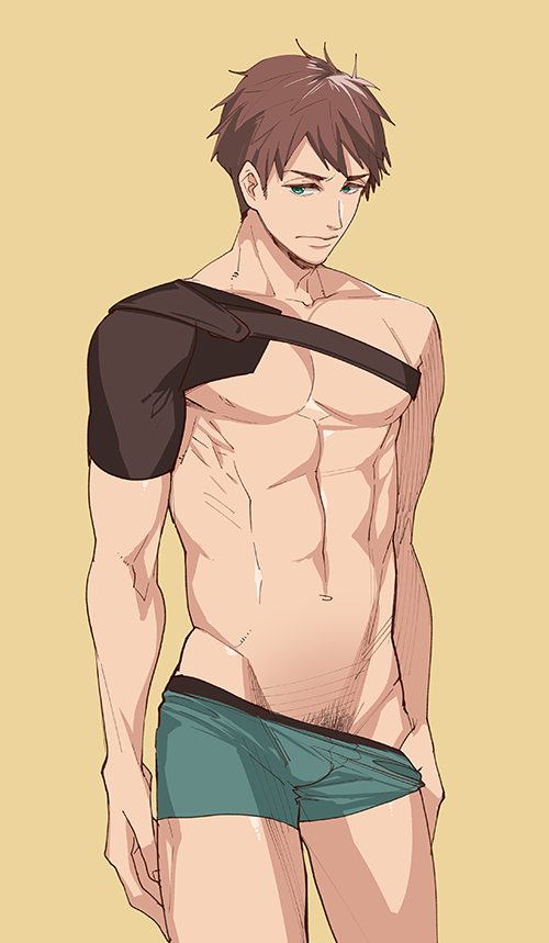 10s 1boy abs black_hair brown_hair free! green_eyes looking_at_viewer male_focus megumi-square muscular pubic_hair topless_male short_hair solo underwear yamazaki_sousuke