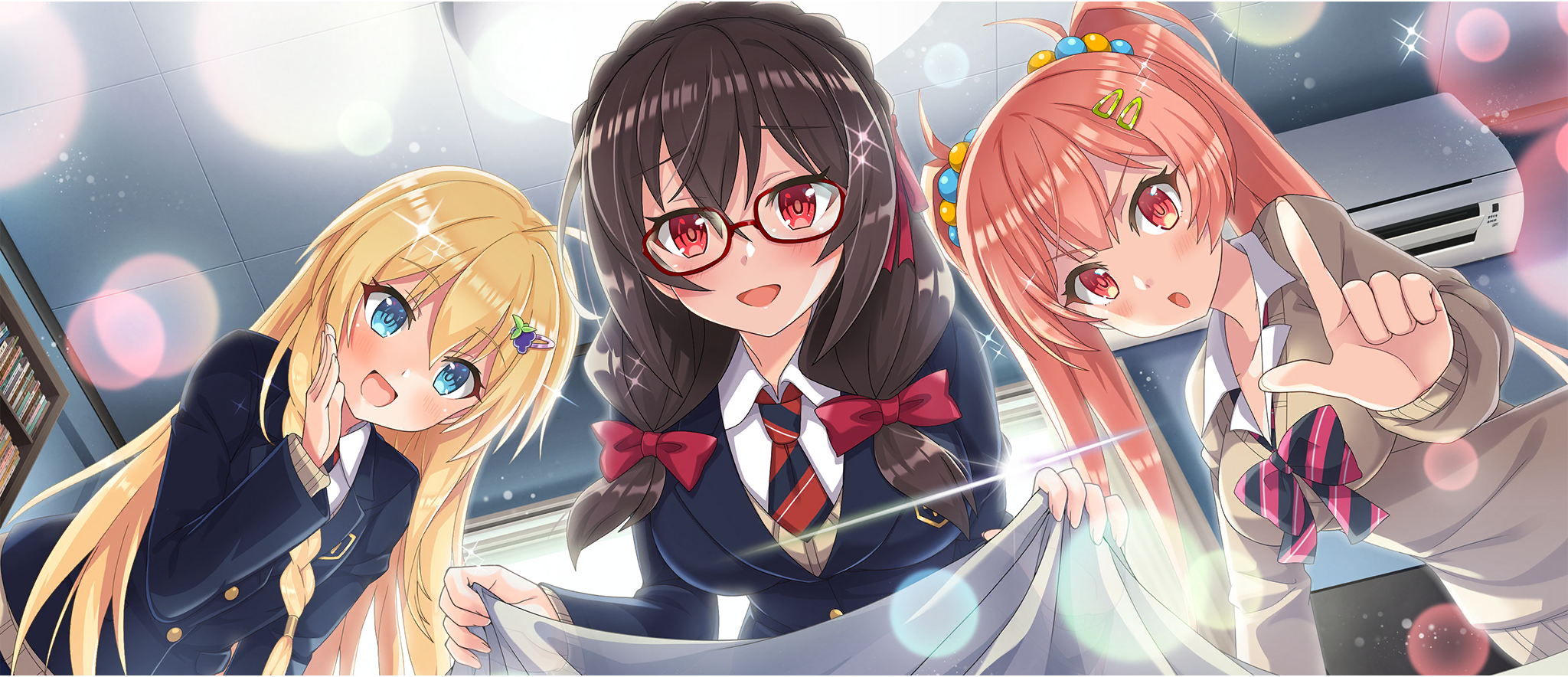 3girls :d :o air_conditioner bedroom bespectacled black_bow black_bowtie blanket blazer blonde_hair blue_eyes blue_jacket blue_necktie bookshelf bow bowtie braid breasts brown_hair brown_sweater ceiling collarbone collared_shirt crown_braid diagonal-striped_bow diagonal-striped_bowtie diagonal-striped_clothes diagonal-striped_necktie emblem erika_(konosuba) food-themed_hair_ornament from_below fruit_hair_ornament game_cg glasses grape_hair_ornament hair_between_eyes hair_bow hair_ornament hair_ribbon hairclip hand_to_own_mouth highres holding holding_blanket index_finger_raised indoors iris_(konosuba) jacket kono_subarashii_sekai_ni_shukufuku_wo! konosuba!_fantastic_days large_breasts leaning_forward light_blush long_hair looking_at_viewer low_twintails multiple_girls necktie official_alternate_costume official_art open_mouth partially_unbuttoned pink_bow pink_bowtie pink_eyes pink_hair raised_eyebrows red-framed_eyewear red_bow red_eyes red_necktie red_ribbon ribbon school_emblem school_uniform shirt side_braid sidelocks small_breasts smile striped_clothes sweater thumb twintails two-tone_bow two-tone_bowtie two-tone_necktie v-shaped_eyebrows very_long_hair waking_another whispering white_shirt window yunyun_(konosuba)