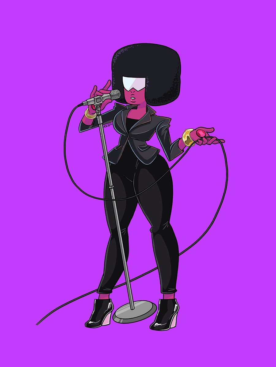 1girl abstract_background afro anime_coloring black_bodysuit black_collar black_footwear black_hair black_sleeves black_suit bodysuit bracelet cable closed_mouth collar collared_suit colored_skin commentary dark-skinned_female dark_skin elbow_pads english_commentary formal_clothes full_body garnet_(steven_universe) gem gold_bracelet holding holding_cable holding_microphone ian_jones-quartey jewelry legs_apart lips long_sleeves microphone music no_socks open_hand pocket purple_skin rebecca_sugar red_gemstone sidelighting signature singing solo standing steven_universe strapless_bodysuit suit sunglasses teeth wedge_heels
