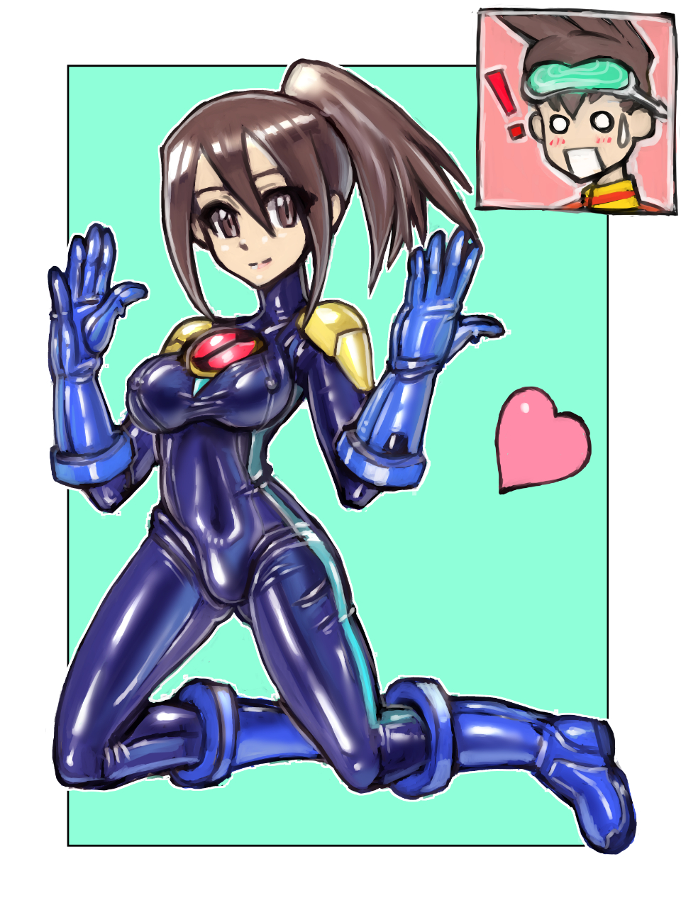 1boy 1girl bodysuit breasts brown_eyes brown_hair cosplay embarrassed full_body geo_stelar_(mega_man) heart highres hope_stelar_(mega_man) large_breasts long_hair mega_man_(series) mega_man_battle_network mega_man_star_force_(series) megaman.exe_(cosplay) mother_and_son oomasa_teikoku ponytail shiny_clothes skin_tight smile