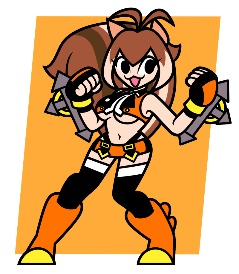 1girl 2020 :3 :d animal_ears antenna_hair arc_system_works bare_shoulders black_gloves black_thighhighs blazblue boots breasts brown_hair brown_tail clenched_hands colored_tips commentary commission english_commentary female_focus fighting_stance fingerless_gloves full_body gloves gluteal_fold hair_between_eyes jpsupper large_breasts makoto_nanaya microskirt multicolored_hair navel open_mouth orange_background orange_boots orange_eyes orange_skirt outside_border short_hair simple_background skirt smile solo squirrel_ears squirrel_girl squirrel_tail standing tail teeth thighhighs tonfa toon_(style) two-tone_hair underboob upper_teeth_only weapon white_background white_hair