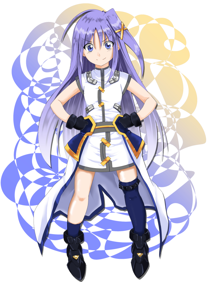 1girl blue_eyes blue_hair blue_thighhighs boots hair_between_eyes hair_ornament hands_on_own_hips long_hair looking_at_viewer lyrical_nanoha mahou_shoujo_lyrical_nanoha mahou_shoujo_lyrical_nanoha_strikers mini_person minigirl reinforce_zwei single_thighhigh smile solo sougetsu_izuki thighhighs waist_cape white_background x_hair_ornament