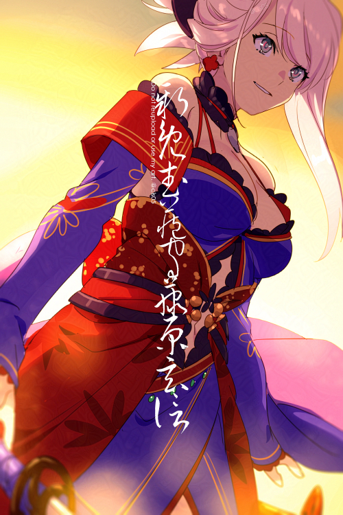 1girl blue_eyes blue_kimono breasts detached_sleeves echo_(circa) fate/grand_order fate_(series) grin hair_ornament japanese_clothes katana kimono large_breasts long_hair miyamoto_musashi_(fate) miyamoto_musashi_(third_ascension)_(fate) obi off_shoulder pink_hair ponytail sash short_kimono smile solo swept_bangs sword translation_request weapon wide_sleeves