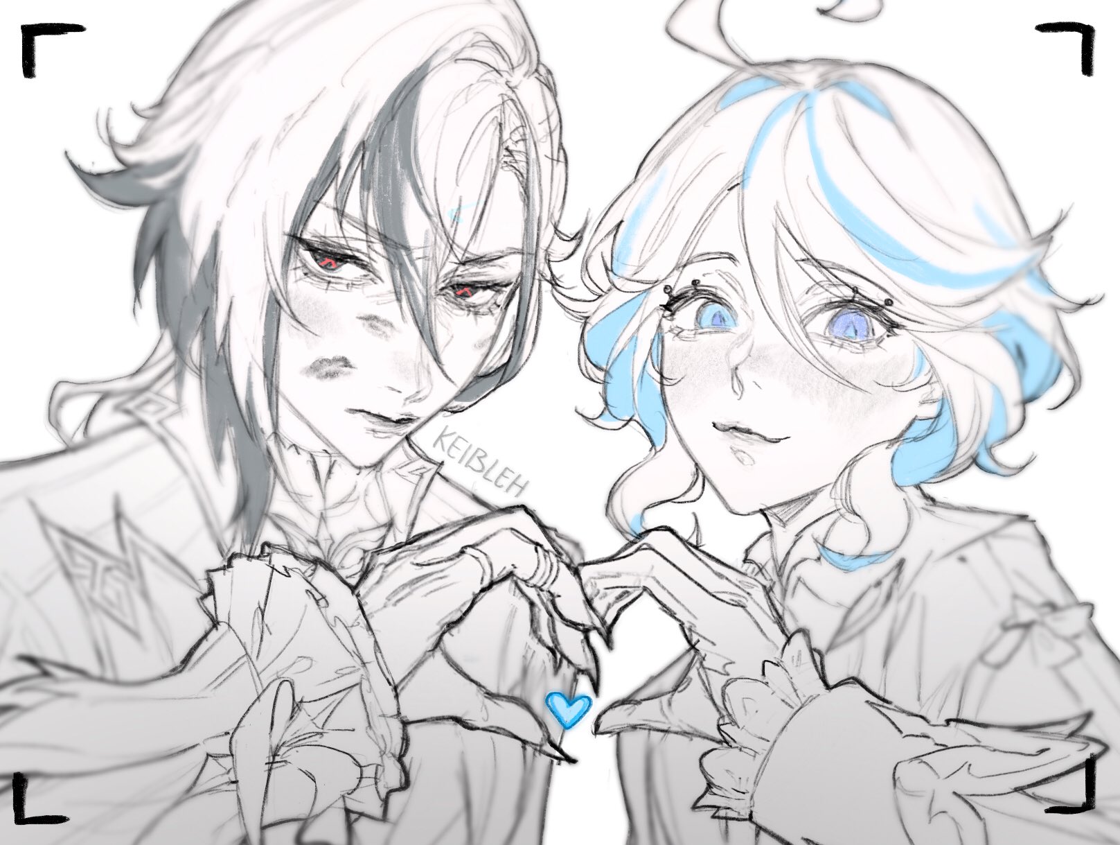 2girls ahoge arlecchino_(genshin_impact) artist_name black_eyes black_hair blue_eyes blue_hair blush bow claws closed_mouth drill_hair drill_sidelocks drop-shaped_pupils eyelashes furina_(genshin_impact) genshin_impact gloves hair_between_eyes hands_up heart heart_hands heterochromia highres jacket jewelry keibleh lapels lips lipstick_mark lipstick_mark_on_face long_sleeves looking_at_viewer mandarin_collar mismatched_pupils multicolored_hair multiple_girls open_clothes open_jacket partially_colored red_pupils ring shirt short_hair sidelocks simple_background smile standing symbol-shaped_pupils two-tone_hair upper_body v-shaped_eyebrows viewfinder white_background white_hair x-shaped_pupils yuri