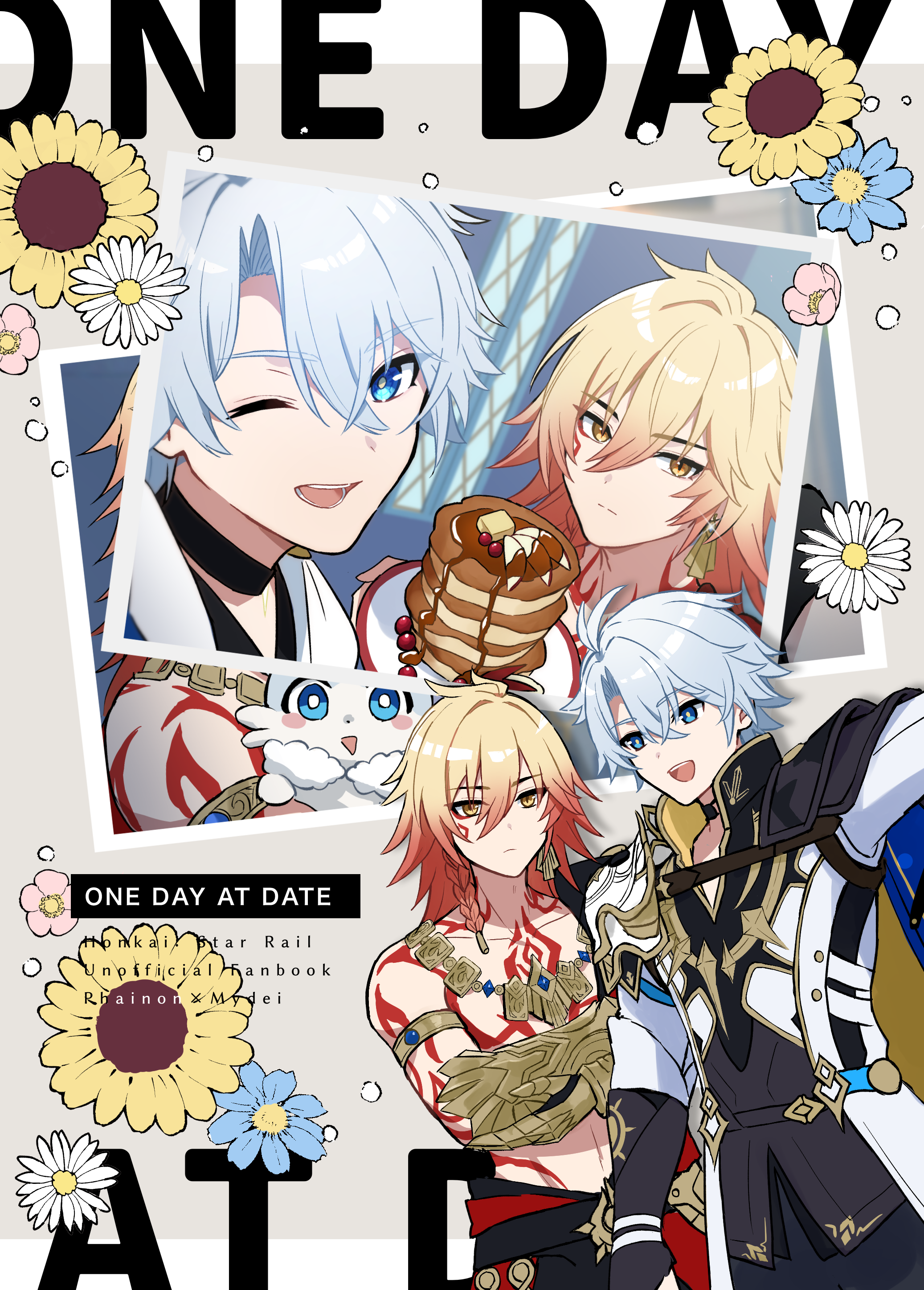 2boys absurdres amamizu_(shigure-doki) antenna_hair arm_tattoo armlet armor bare_pectorals black_choker black_coat black_pants black_shirt blonde_hair blue_cape blue_eyes braid cape chest_tattoo choker coat commentary_request crossed_arms earrings facial_tattoo food gold_armlet gold_earrings gold_necklace gradient_hair hair_between_eyes highres holding holding_plate honkai:_star_rail honkai_(series) jewelry male_focus medium_hair multicolored_hair multiple_boys mydei_(honkai:_star_rail) necklace one_eye_closed open_clothes open_coat open_mouth pancake pancake_stack pants pauldrons pectorals phainon_(honkai:_star_rail) photo_(object) plate red_hair red_tattoo shirt short_hair shoulder_armor side_braid single_pauldron tattoo white_coat white_hair yellow_eyes
