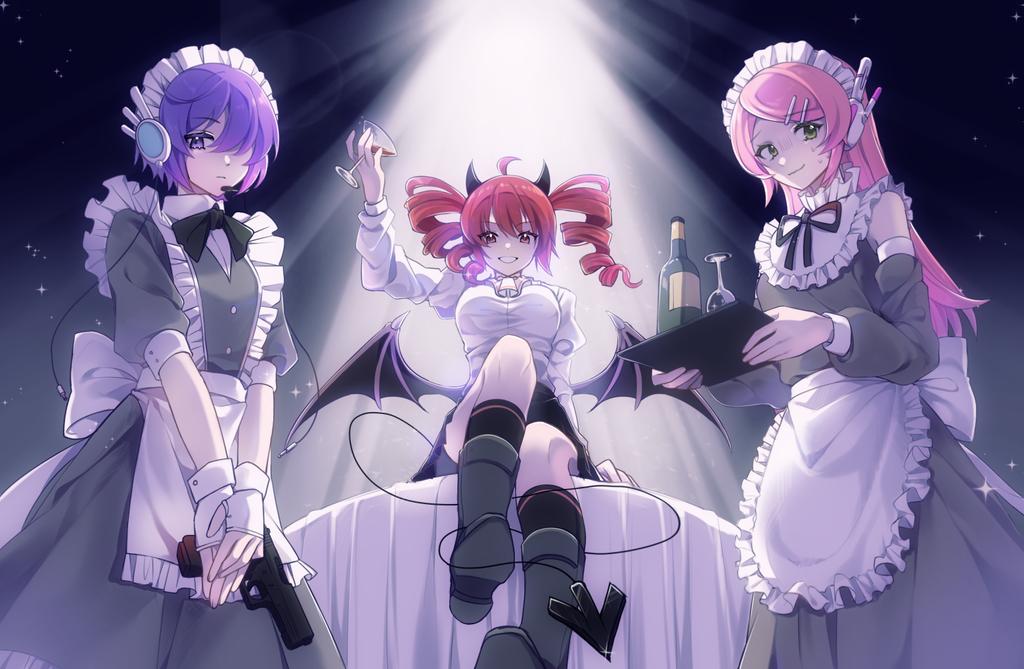 3girls ahoge alcohol alternate_costume apron back_bow black_bow black_bowtie black_footwear black_ribbon black_skirt black_sleeves black_socks black_tail black_wings boots bottle bow bowtie breasts buttons cup demon_tail demon_wings detached_sleeves dress drill_hair drinking_glass enmaided feet_out_of_frame fingerless_gloves foot_out_of_frame frilled_apron frilled_dress frilled_hairband frills gloves green_eyes grey_dress grin gun hair_between_eyes hair_ornament hair_over_one_eye hairband hairclip headphones headset holding holding_cup holding_gun holding_tray holding_weapon horns kasane_teto kneehighs long_sleeves looking_at_viewer maid medium_breasts microphone momone_momo multiple_girls neck_ribbon nervous nervous_sweating on_table parted_bangs purple_hair red_hair ribbon shadow71580825 shirt short_hair short_sleeves sitting skirt sleeveless sleeveless_dress three-quarter_sleeves small_breasts smile socks sweat table tail tray twin_drills twintails utane_uta utau waist_apron weapon white_apron white_bow white_gloves white_hairband white_shirt white_wrist_cuffs wine wine_bottle wine_glass wings wrist_cuffs
