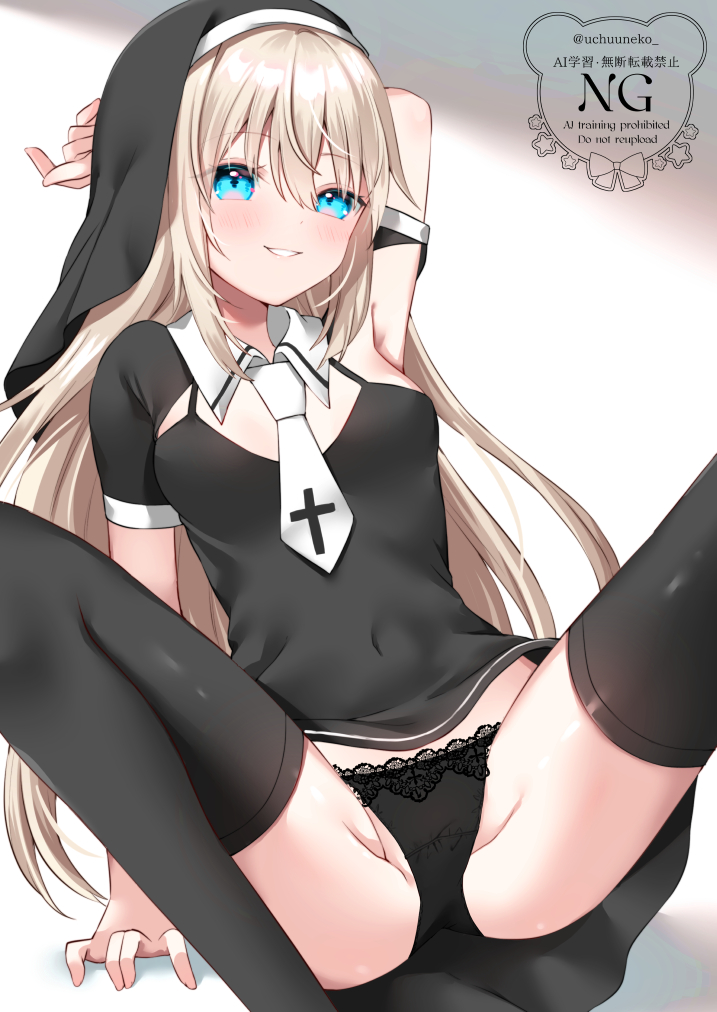 1girl arm_support armpits arms_behind_head black_dress black_panties black_thighhighs black_veil blonde_hair blue_eyes covered_navel cross dress hair_between_eyes indie_virtual_youtuber lace lace-trimmed_panties lace_trim legs long_hair looking_at_viewer nun original panties parted_lips short_sleeves smile solo spread_legs thighhighs traditional_nun uchuuneko uchuuneko_(vtuber) underwear veil