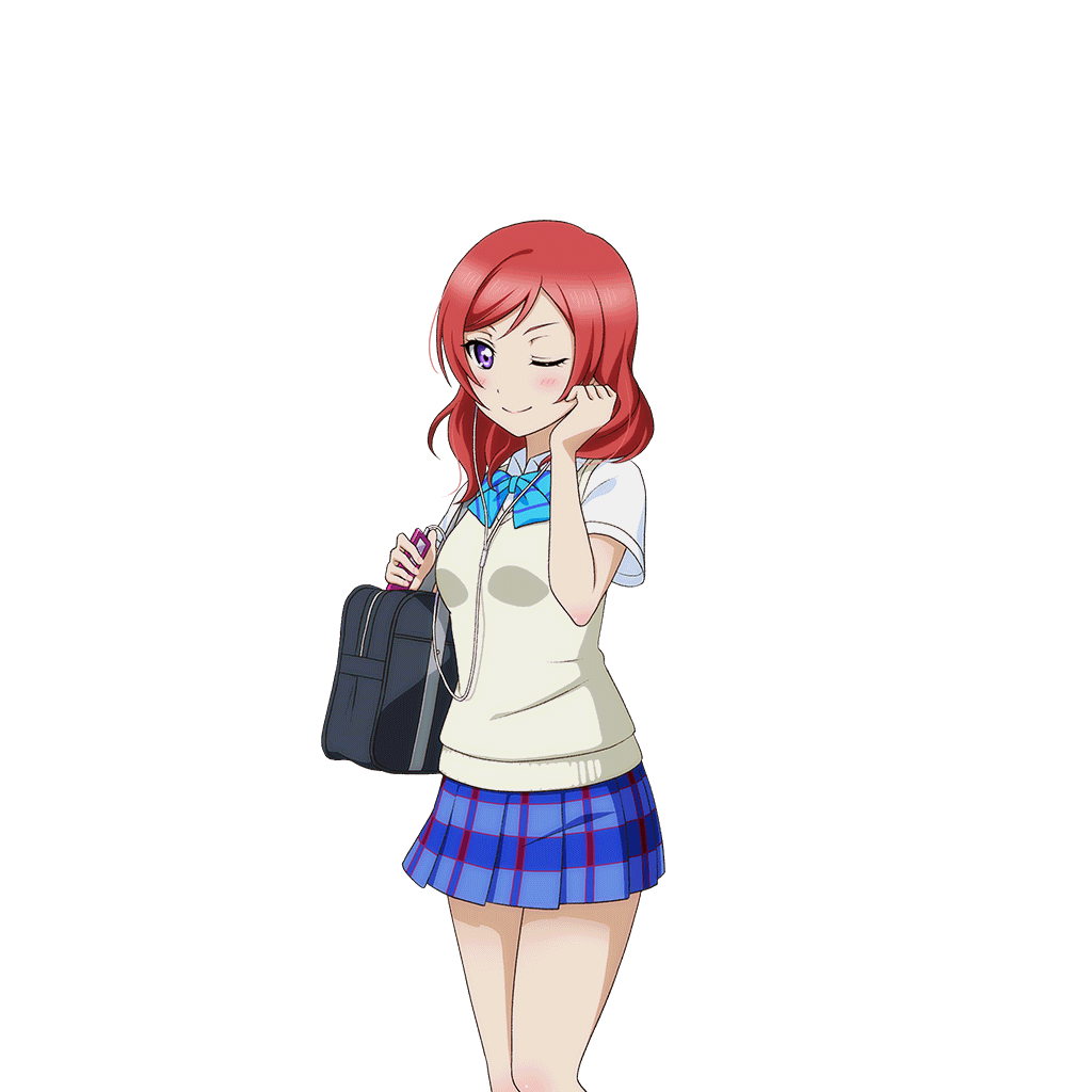 1girl ;) anime_coloring bag blue_bow blue_bowtie blue_skirt blush bow bowtie brown_sweater_vest closed_mouth diagonal-striped_bow diagonal-striped_bowtie diagonal-striped_clothes digital_media_player dress_shirt earphones feet_out_of_frame holding holding_bag holding_earphones listening_to_music looking_at_viewer love_live! love_live!_school_idol_festival love_live!_school_idol_project miniskirt nishikino_maki official_art one_eye_closed otonokizaka_school_uniform plaid_clothes plaid_skirt pleated_skirt purple_eyes red_hair school_bag school_uniform shirt short_hair short_sleeves single_earphone_removed skirt smile solo standing striped_clothes sweater_vest transparent_background white_shirt