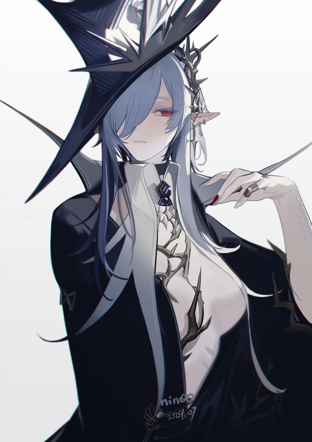 1girl arknights artist_name black_coat black_hat breasts chromatic_aberration closed_mouth coat earrings expressionless fingernails gladiia_(arknights) gladiia_(i_am_the_tides)_(arknights) gradient_background grey_hair hair_between_eyes hair_ornament hair_over_one_eye hat highres jewelry long_hair looking_to_the_side medium_breasts nail_polish nineo no_bra open_clothes pointy_ears red_eyes red_nails ring sidelocks simple_background solo upper_body white_nails