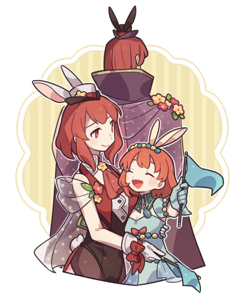 1boy 2girls :d ^_^ animal_ears border brother_and_sister cape closed_eyes fake_animal_ears fire_emblem fire_emblem:_mystery_of_the_emblem fire_emblem_heroes flag haconeri holding holding_flag long_hair maria_(fire_emblem) maria_(spring)_(fire_emblem) medium_hair michalis_(fire_emblem) michalis_(spring)_(fire_emblem) minerva_(fire_emblem) minerva_(spring)_(fire_emblem) multiple_girls nintendo official_alternate_costume open_mouth outside_border purple_cape rabbit_ears red_eyes red_hair siblings sisters smile white_border yellow_background