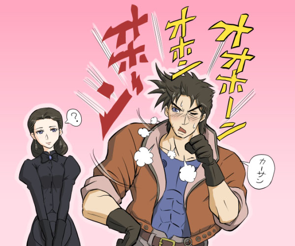1boy 1girl black_hair blue_eyes blush coughing dress gloves hair_bun jacket jojo_no_kimyou_na_bouken joseph_joestar joseph_joestar_(young) lisa_lisa mother_and_son official_alternate_costume single_hair_bun stmk64 translated
