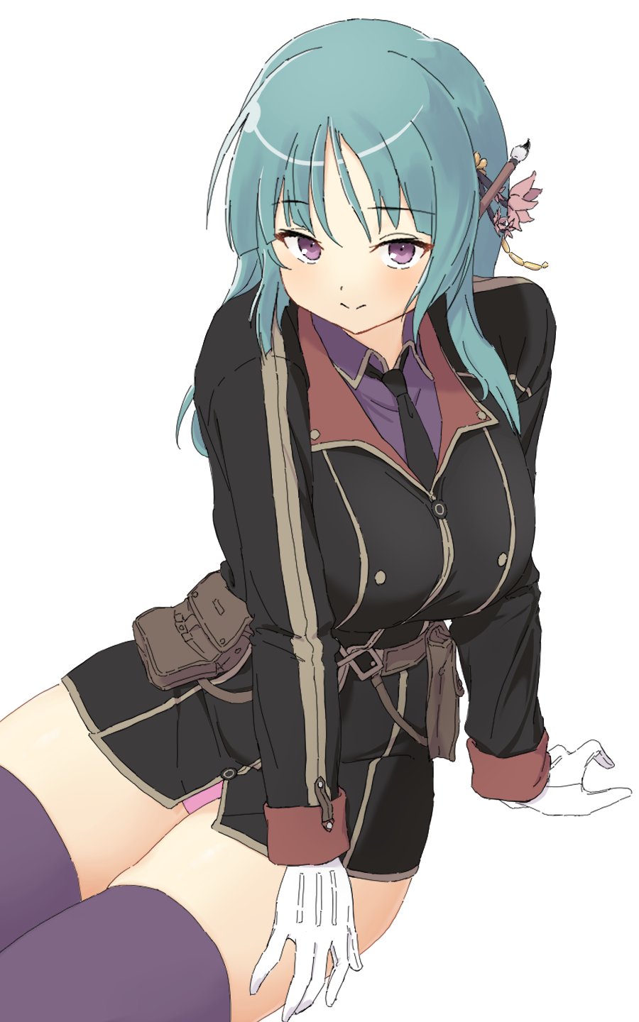 1girl aqua_hair bashou_(senran_kagura) black_necktie breasts gloves green_hair highres large_breasts looking_at_viewer military_uniform necktie panties pantyshot pink_panties pouch purple_eyes purple_thighhighs senran_kagura senran_kagura_new_link senran_kagura_new_wave simple_background sitting smile thick_thighs thighhighs thighs underwear white_background white_gloves yoniki
