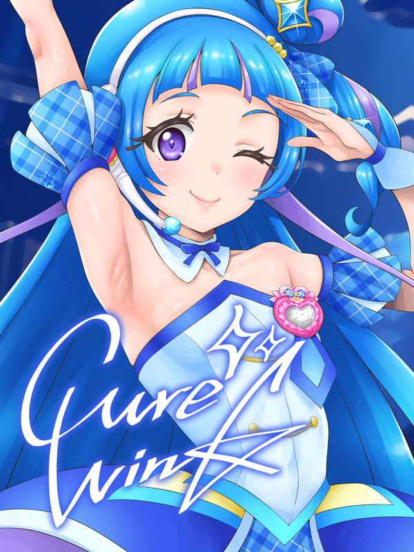 1girl aokaze_nana arm_up armpits bare_shoulders blue_dress blue_hair blush breasts brooch character_name closed_mouth cure_wink detached_collar detached_sleeves dress eunos headset heart heart_brooch idol idol_clothes jewelry kimi_to_idol_precure long_hair looking_at_viewer one_eye_closed plaid_clothes plaid_sleeves precure presenting_armpit purple_eyes short_sleeves small_breasts smile solo very_long_hair