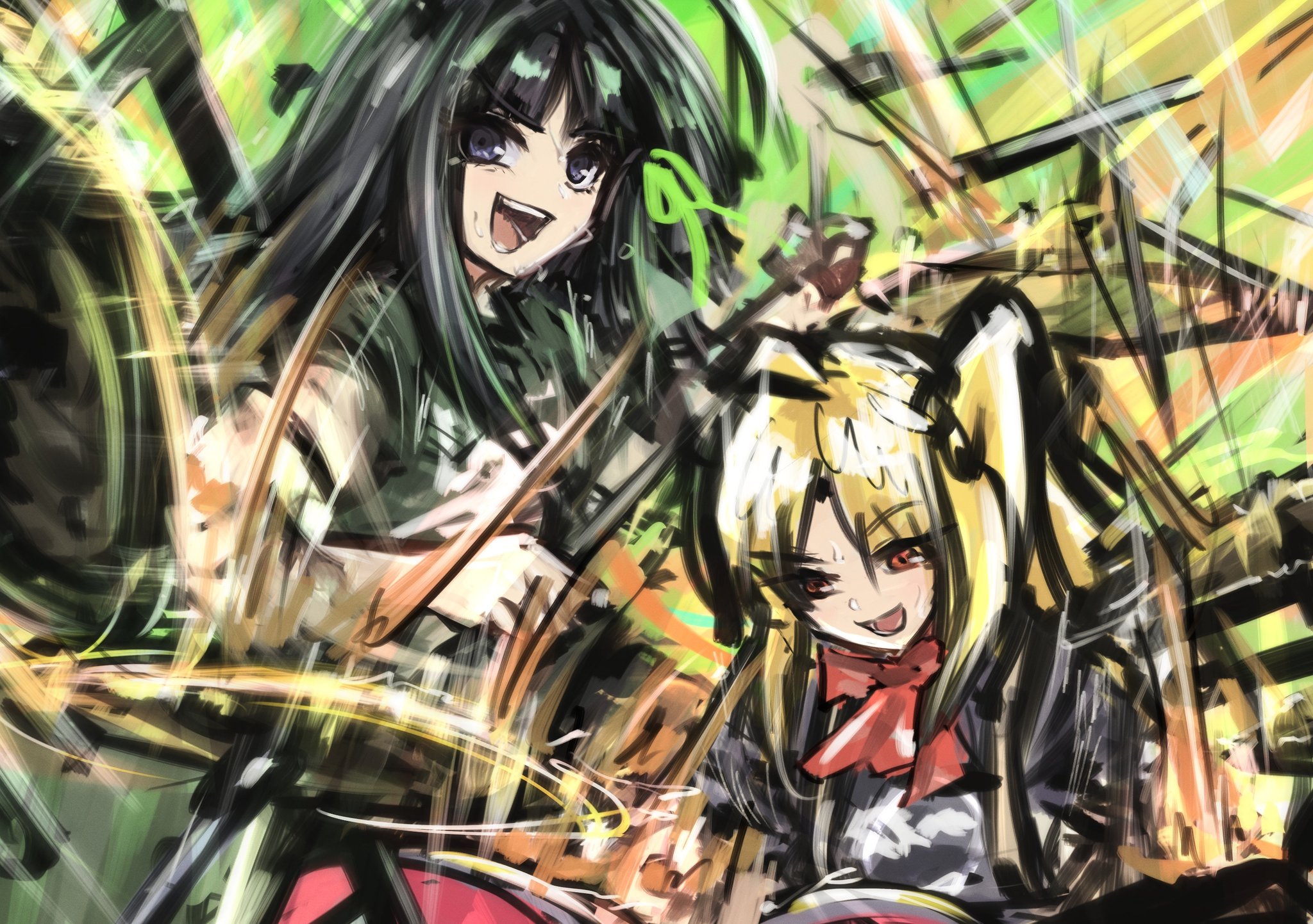 2girls ahoge awa_subaru black_hair black_shirt blonde_hair bocchi_the_rock! bow bowtie commentary crossover girls_band_cry highres ijichi_nijika instrument_connection long_hair multiple_girls open_mouth parted_bangs playing_drum purple_eyes red_bow red_bowtie red_eyes shirt side_ponytail sidelocks teeth tomare_(akashingou) upper_body