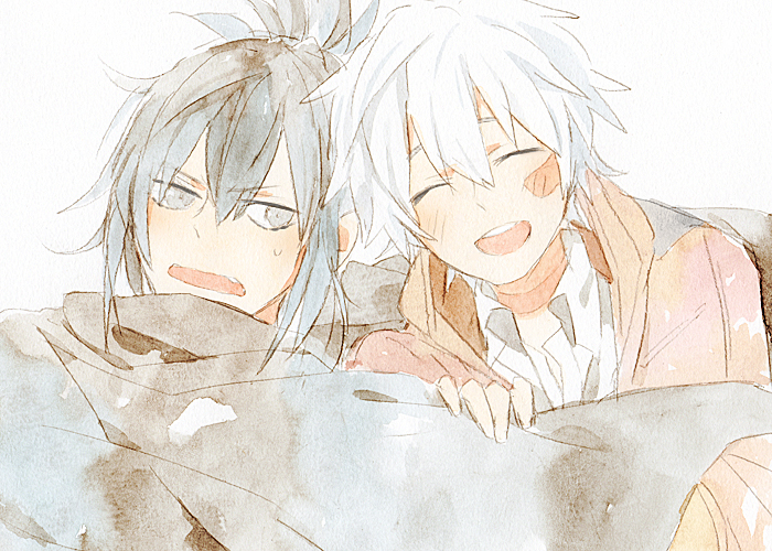 2boys ^_^ annoyed black_hair closed_eyes collared_shirt fang frown furrowed_brow gomas grey_cloak grey_eyes hair_between_eyes hand_on_another&#039;s_arm happy hood hood_down hooded_jacket jacket light_blush long_sleeves male_focus multiple_boys nezumi_(no.6) no.6 open_clothes open_jacket open_mouth orange_jacket ponytail shion_(no.6) shirt short_hair short_ponytail simple_background smile sweatdrop teeth upper_body upper_teeth_only white_background white_hair white_shirt