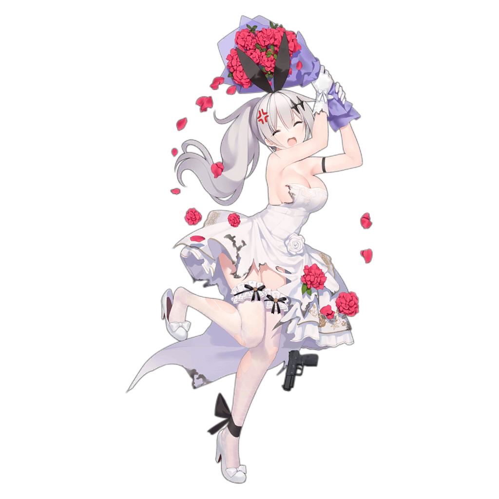 1girl anger_vein ankle_ribbon arm_ribbon arms_up bare_shoulders black_ribbon blush bouquet bow breasts cleavage closed_eyes dress dress_flower dropping facing_viewer five-seven_(girls&#039;_frontline) five-seven_(smile_of_acceptance)_(girls&#039;_frontline) flower flower_request fn_five-seven footwear_bow frilled_thighhighs frills frown full_body girls&#039;_frontline gloves gun hair_between_eyes hair_ornament hair_ribbon handgun high_heels holding holding_bouquet jewelry large_breasts leg_ribbon legs long_hair official_alternate_costume official_art open_mouth pdw-caliber_pistol ponytail ribbon scorch_mark shoe_dangle shoes simple_background solo standing standing_on_one_leg suisai_(suisao) swinging thighhighs torn_clothes torn_dress torn_gloves torn_thighhighs transparent_background weapon wedding_dress white_dress white_gloves white_hair white_shoes white_thighhighs