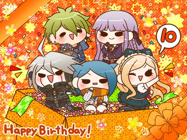 2girls 3boys :&gt; adjusting_scarf amami_rantaro android annoyed antenna_hair bare_arms basket belt black_belt black_eyes black_pantyhose black_ribbon blazer blonde_hair blue_hair blue_shirt blunt_bangs bow bowtie box bracelet braid breasts brooch brown_necktie buttons chibi clenched_teeth closed_mouth collared_jacket collared_shirt commentary_request confetti crown_braid danganronpa:_trigger_happy_havoc danganronpa_(series) danganronpa_2:_goodbye_despair danganronpa_another_episode:_ultra_despair_girls danganronpa_v3:_killing_harmony double-breasted ear_piercing earrings english_text eyelashes eyes_visible_through_hair fist_pump floral_background frilled_skirt frills fringe_trim gift gloves gold_bracelet green_bow green_hair green_ribbon green_skirt green_vest grey_hair hair_between_eyes hair_bow hair_horns hair_ribbon hand_on_own_chin hand_on_own_elbow happy happy_birthday holding holding_basket in_box in_container jacket jewelry k1-b0 kirigiri_kyoko kneeling lapel_pin lapels large_breasts layered_sleeves light_blush long_hair long_sleeves miniskirt multiple_boys multiple_bracelets multiple_girls multiple_piercings necktie notched_lapels notice_lines one_eye_closed open_clothes open_jacket open_mouth orange_background orange_bow orange_scarf outstretched_arm pale_skin pantyhose pendant piercing plaid_clothes plaid_jacket pleated_skirt pocket puffy_short_sleeves puffy_sleeves purple_gloves purple_hair purple_jacket purple_skirt red_bow red_bowtie red_footwear ribbon scarf shingetsu_nagisa shirt shoes short_sleeves shorts sidelocks single_braid skirt skirt_set three-quarter_sleeves smile solid_oval_eyes sonia_nevermind speech_bubble spoken_number star_brooch straight_hair striped_background striped_clothes striped_scarf striped_shirt stud_earrings studded_gloves teeth throwing triangle_mouth unmoving_pattern v-shaped_eyebrows very_long_hair vest white_jacket white_shirt white_shorts white_undershirt wide_sleeves yumaru_(marumarumaru) zipper zipper_pull_tab