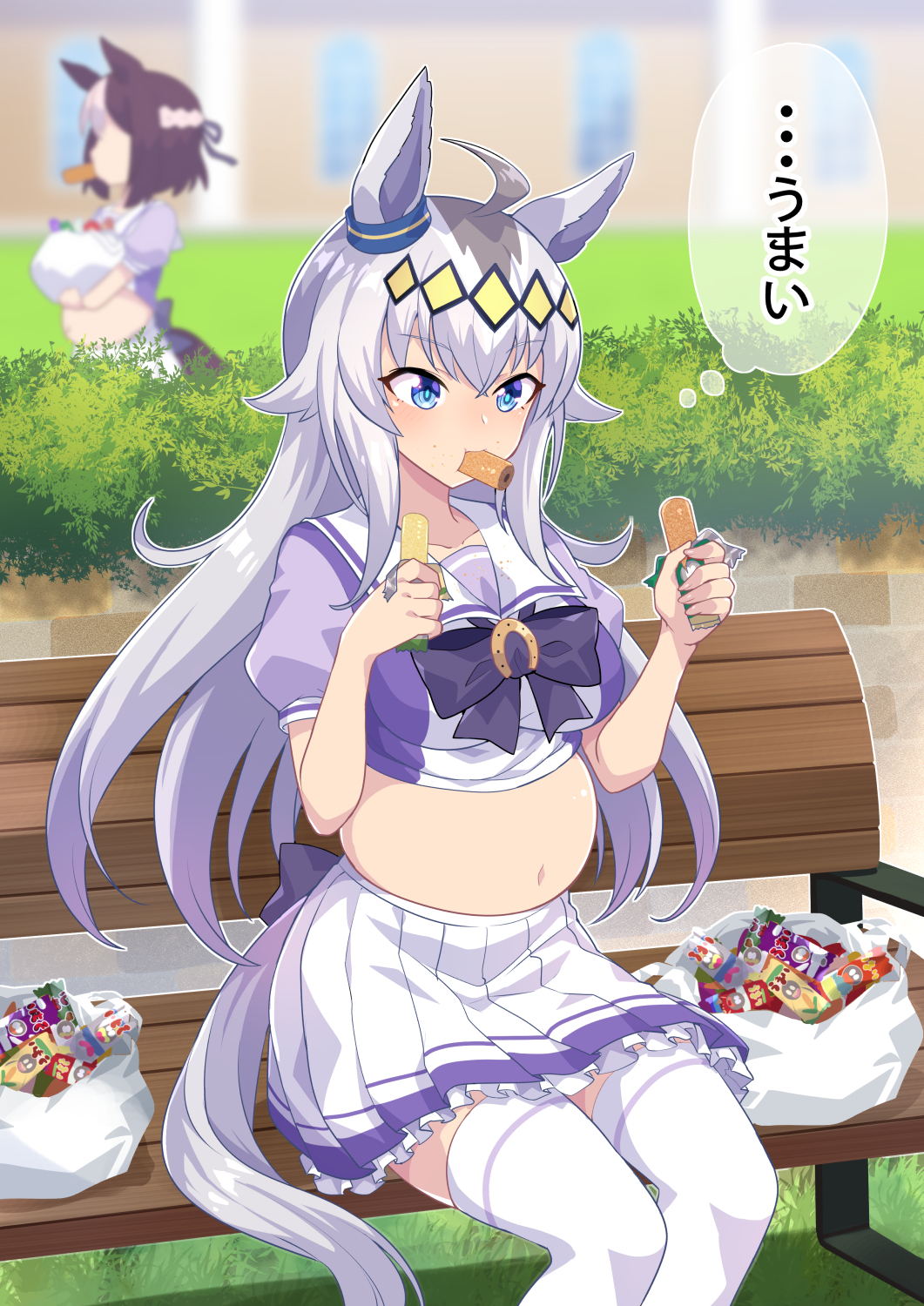 2girls bag big_belly blouse blue_eyes blurry blurry_background brown_hair commentary_request depth_of_field eating food grey_hair highres horse_girl horse_tail matsumoto_tomoyohi multicolored_hair multiple_girls navel neckerchief oguri_cap_(umamusume) partial_commentary plastic_bag pleated_skirt purple_shirt school_uniform shirt short_sleeves skirt snack special_week_(umamusume) speech_bubble tail thighhighs thought_bubble tracen_school_uniform translated two-tone_hair umaibou umamusume white_hair white_skirt white_thighhighs