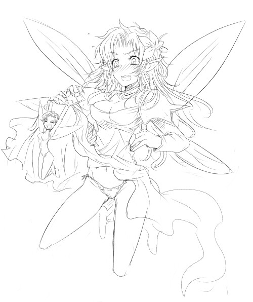 breasts cleavage dress fairy fairy_wings greyscale kara_(color) leotard long_hair mini_person minigirl monochrome multiple_girls panties pixie_(megami_tensei) pointy_ears shin_megami_tensei short_hair titania_(megami_tensei) underwear wings