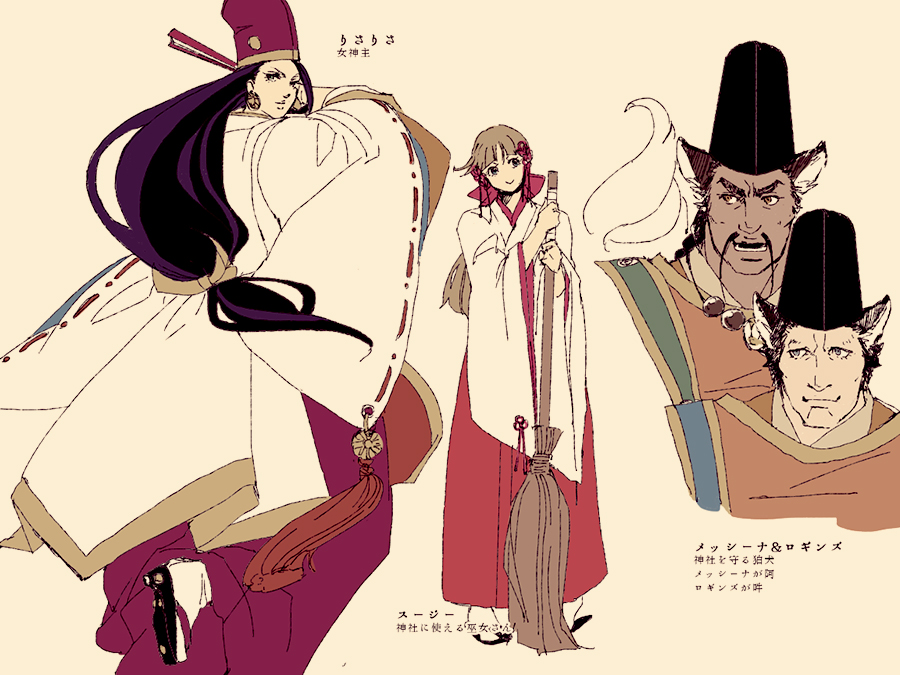 2boys 2girls anachronism broom dark_skin folding_fan hand_fan hat heian japanese_clothes jojo_no_kimyou_na_bouken kimono lisa_lisa loggins_(jojo) long_hair messina_(jojo) miko multiple_boys multiple_girls polon55 suzi_q very_long_hair
