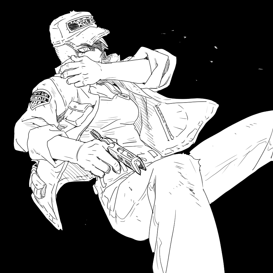 1girl baseball_cap breasts cleavage commentary_request foo_fighters_(jojo) hat jacket jeonjin_(mynamebazin) jojo_no_kimyou_na_bouken korean_commentary medium_breasts monochrome overalls short_hair solo stone_ocean
