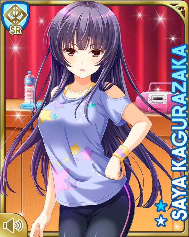 1girl :o black_pants card_(medium) character_name day girlfriend_(kari) hand_on_own_hip indoors kagurazaka_saya long_hair looking_at_viewer official_art open_mouth pants purple_hair qp:flapper red_eyes school_uniform shirt short_sleeves solo standing tagme white_shirt workout_clothes wrist_band