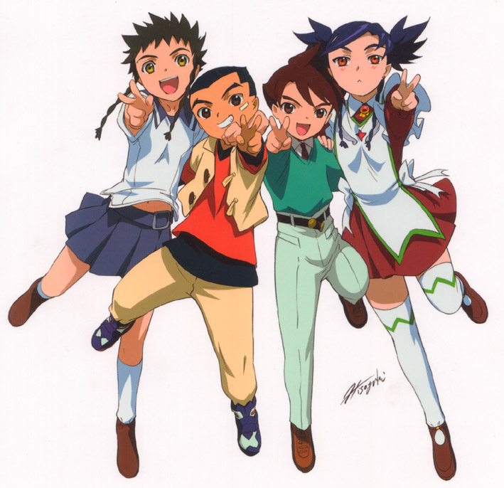 00s 2boys 2girls company_connection creator_connection crossover garderobe_uniform gear_senshi_dendou hisayuki_hirokazu izumo_ginga kusanagi_hokuto minagi_mikoto multiple_boys multiple_girls my-hime my-otome nina_wang official_art simple_background thighhighs white_background
