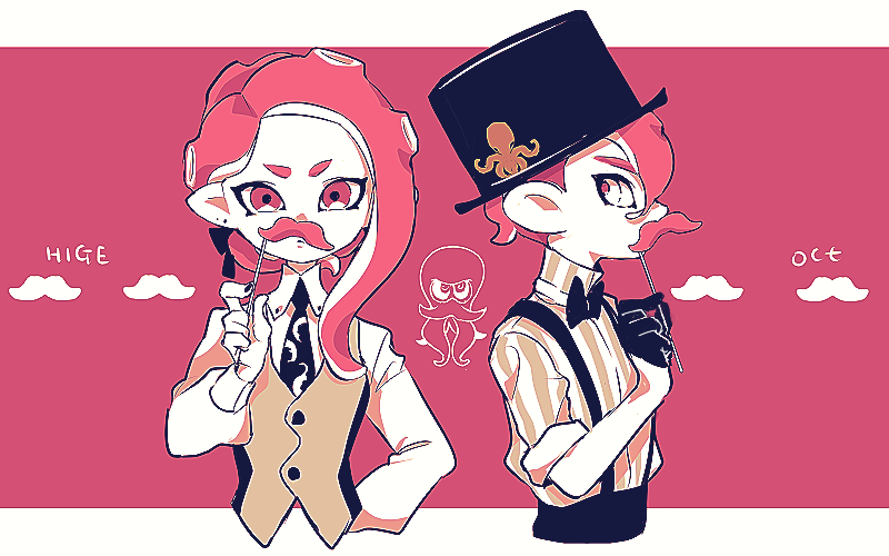 1boy 1girl black_bow black_bowtie black_hat black_necktie bow bowtie brown_shirt brown_vest closed_mouth collared_shirt cropped_torso fake_facial_hair fake_mustache hair_between_eyes hat imaikuy0 letterboxed looking_at_viewer necktie nintendo octoling octoling_boy octoling_girl octoling_player_character parted_bangs pink_background pink_eyes pink_hair pink_pupils shirt short_hair splatoon_(series) striped_clothes striped_shirt suspenders tentacle_hair top_hat two-tone_shirt vest white_eyes white_shirt