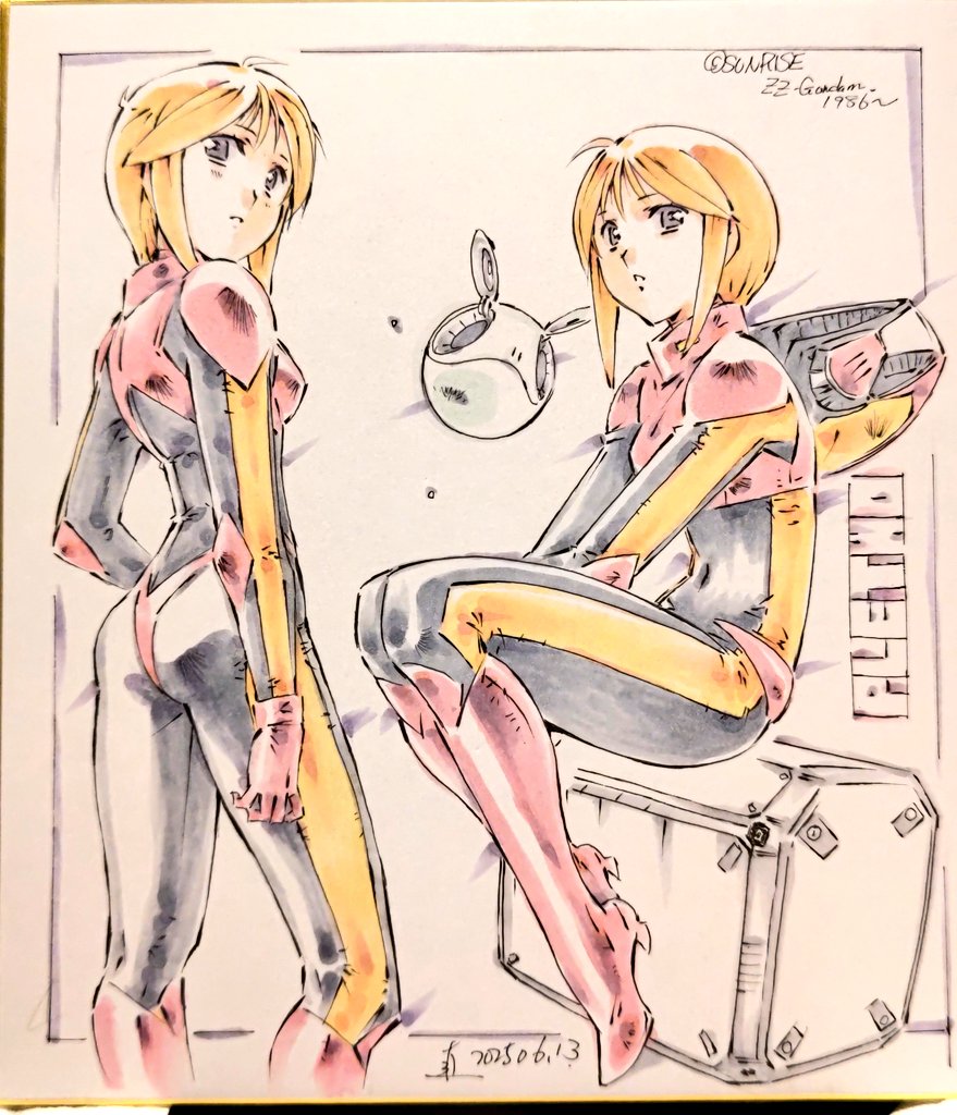 1girl ass black_bodysuit bodysuit boots breasts character_name commentary_request copyright_name covered_navel crate dated gloves grey_eyes gundam gundam_zz haro helmet knee_boots marker_(medium) mecha_pilot_suit moriguchi_nao_(naonao) multiple_views non-humanoid_robot normal_suit_(gundam) orange_hair parted_lips pilot_helmet puru_two red_boots red_gloves robot shikishi short_hair sitting skin_tight small_breasts space_helmet spacesuit traditional_media